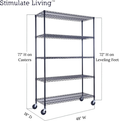 48"x18"x72" PRIME HEAVY DUTY Black 5-Tier Wire Shelving NSF 4000 LBS MAX Capacity Storage Rack for Commercial, School, Home, Garage, Warehouse, Industrial, and Hospital Uses (with Wheels)