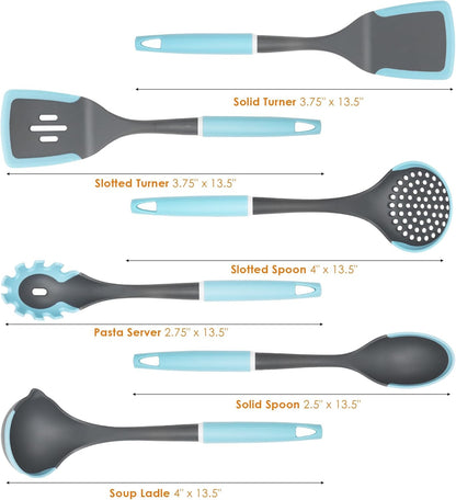 Kitchen Cooking Utensils Set, Non-Stick Spatula Set with Rotating Stand, 6 PCS Silicone Utensils Set for Cooking, 400°F Heat Resistant, Kitchen Gadgets with Nylon Handle & Stable Holder, Grey Blue