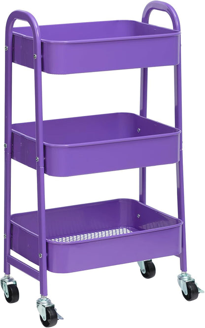 AGTEK Makeup Cart, Movable Rolling Organizer Cart, 3 Tier Metal Utility Cart with Lockable Wheels for Home & Office, Violet