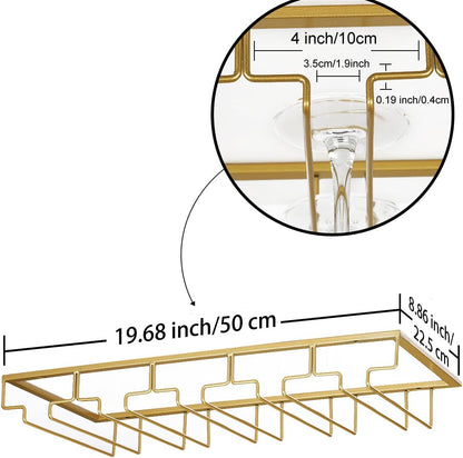 Wine Glass Rack - Under Cabinet Stemware Wine Glass Holder Glasses Storage Hanger 1 Pack Metal Organizer for Bar Kitchen 5 Rows Gold