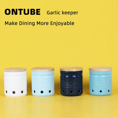 Large Garlic Keeper with Wooden Lid, Ceramic Garlic Holder Storage, Garlic Container for Kitchen, Garlic Saver to Keep Your Garlic Cloves Fresh Longer 4.5-Inch, Navy