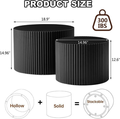 Modern Black Nesting Coffee Table Set of 2 Handcraft Fluted Coffee and End Table Sets Wooden Drum Small Round Side Table Funky Center Tables for Living Room,No Assembly,Black Small