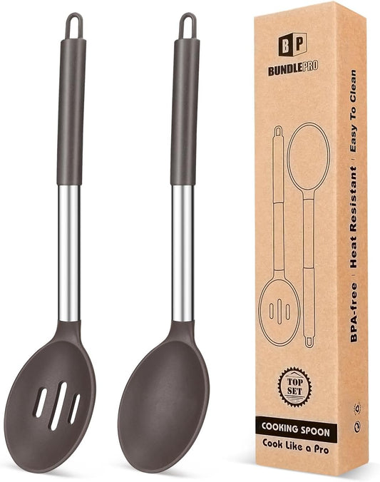 Pack of 2 Large Silicone Cooking Spoons,Non Stick Solid Basting Spoon,Heat-Resistant Kitchen