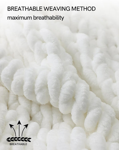 YnM Chunky Throw Blanket, Medium-Weight, Hand Knitted with Chenielle Yarn, Skin Friendly, Ventilated and Breathable, Machine Washable, Home Décor Piece for Couch, Sofa and Bed (White, 50x60 Inch)