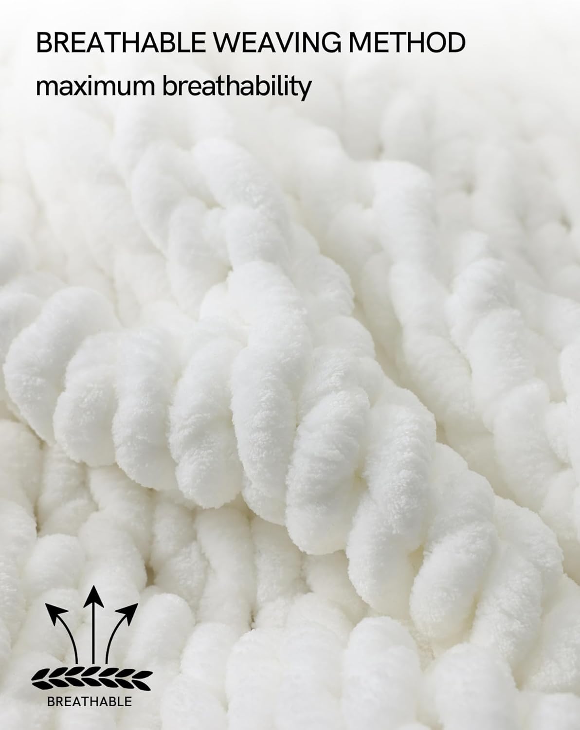 YnM Chunky Throw Blanket, Medium-Weight, Hand Knitted with Chenielle Yarn, Skin Friendly, Ventilated and Breathable, Machine Washable, Home Décor Piece for Couch, Sofa and Bed (White, 40x50 Inch)
