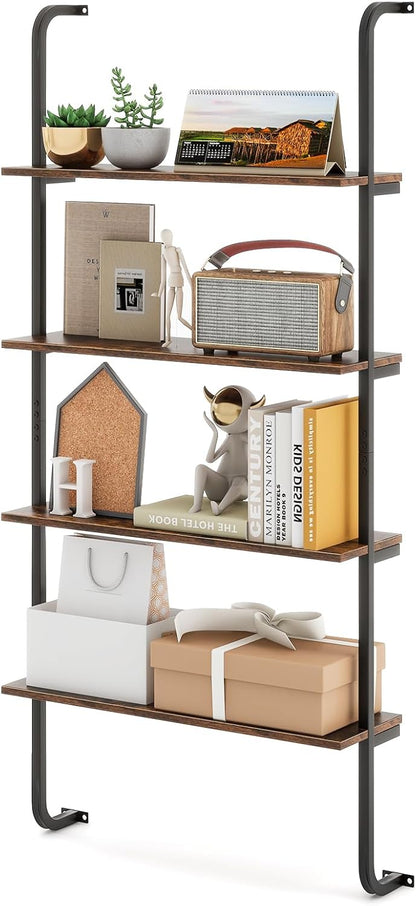 Giantex 4-Tier Industrial Bookshelf, Wall Mounted Pipe Shelving Unit, Floating Shelves with Metal Frame, Hanging Wall Display Shelf, Wood Ladder Bookshelf for Living Room, Kitchen, Rustic Brown