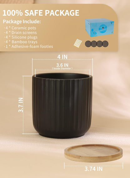 TAMAYKIM 4 Inch Small Cylinder Ceramic Plant Pots with Drainage Holes, Modern Indoor Planters with Tray for Aloe, Succulent, Snake Plants, Cactus & Herbs, Black, Set of 4