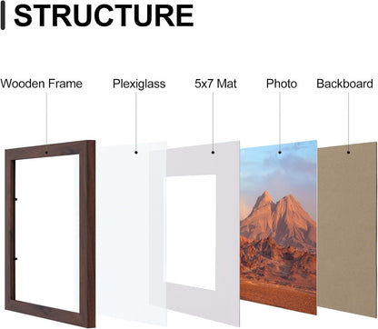 Vittanly 8x10 Picture Frames Set of 9, Shatter Resistant Plexiglass, Display 5x7 Pictures with Mat or 8x10 without Mat, Photo Frames for Wall or Tabletop, Engineered Wood, Walnut