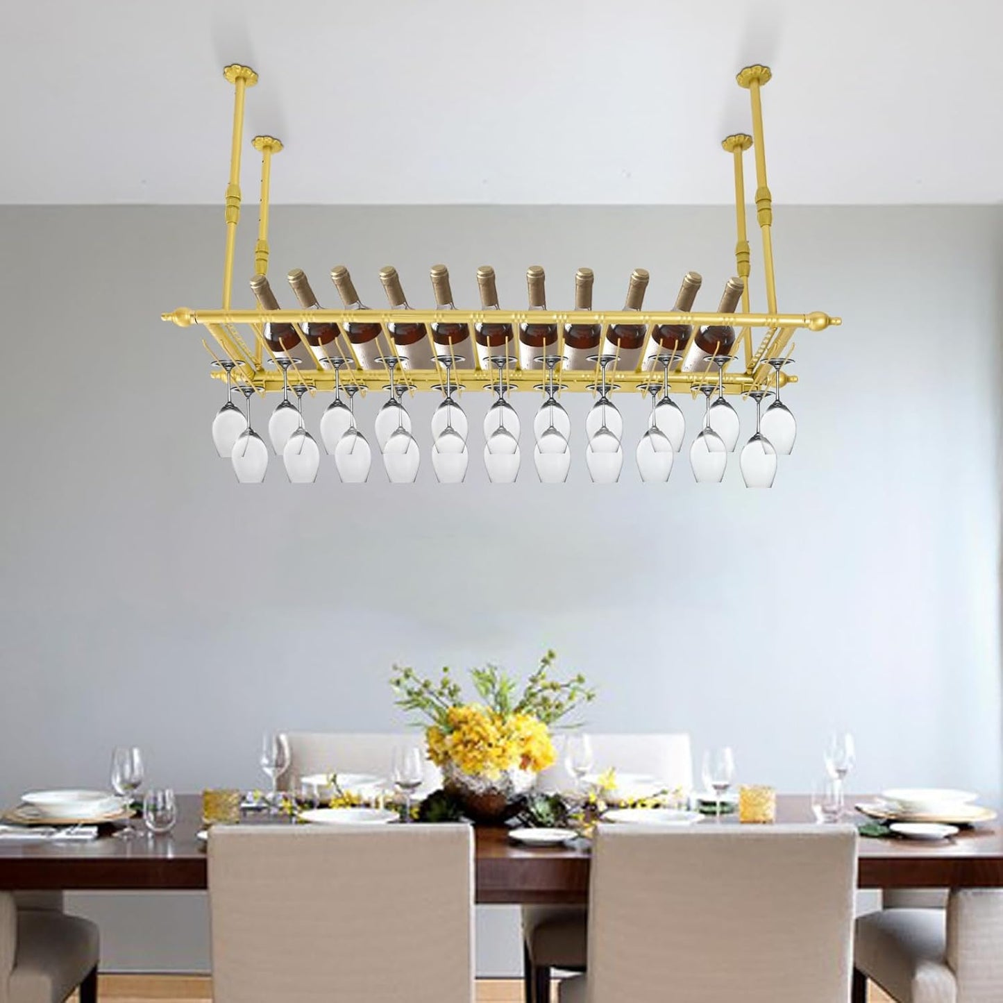 Hanging Wine Rack 47" Wall Mounted Wine Glass Rack Ceiling Adjustable Hanging Bar Glass Holder Shelves for Kitchen Bar Restaurants Industrial Iron Storage Shelf