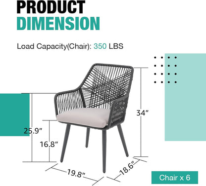 Patiorama Patio Dining Chair Set of 6, Woven Rope Outdoor Dining Chairs w/Steel Frame, All-Weather Twisted Rattan Chairs w/Armrest & Cushion, Outdoor Dining Wicker Chairs for Backyard Garden(Black)