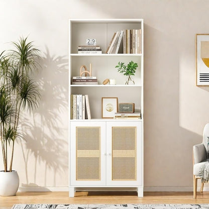 Tall Bookshelf, 5-Tier Book Shelf with 2 Rattan Doors, Freestanding Bookcase Display Shelves with Large Storage, Book Case for Living Room, Office, Study, Bedroom, 70.9 Inch