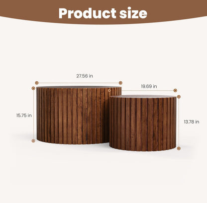 WXFKLDJ Round Nesting Coffee Table Set Cylindrical Wooden Coffee Table Sofa Center Table Circle Embossed Design Side Table for Living Room Apartment No Assembly (Striped Brown Large)