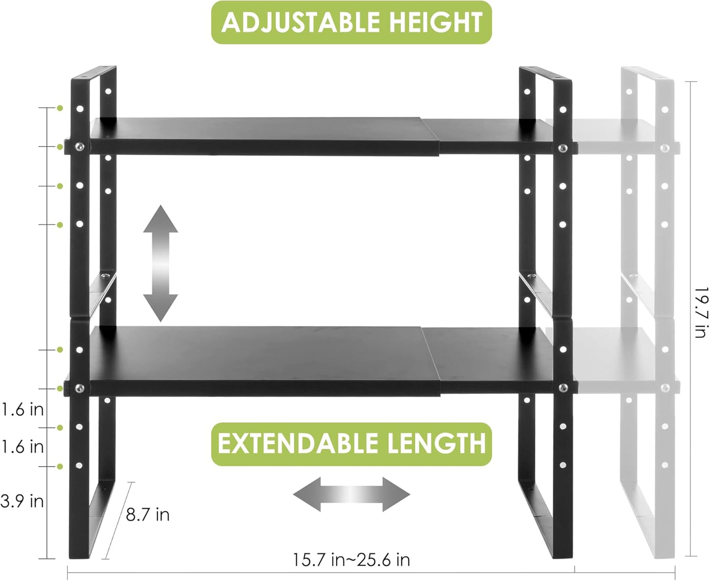 Expandable Cabinet Shelf Organizer Rack, Stackable Kitchen Countertop Organizer Storage Shelves, Adjustable Height Pantry Counter Shelf Riser Spice Rack (Black, 2 Pack)