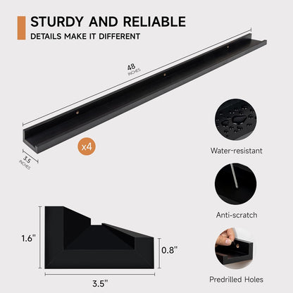 Picture Ledge Shelf for Wall, Floating Shelves Set of 4, 48 Inch Long Nursery Book Shelves for Toys Storage, Kids Bookshelf Wall Mounted for Books Photo Frames, Black