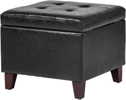 Adeco Storage Ottoman Foot Rest Stool, Leather Ottoman Footstool with Solid Wood Legs and Hinged Lid, 17.7" Small Foot Stool for Living Room, Bedroom