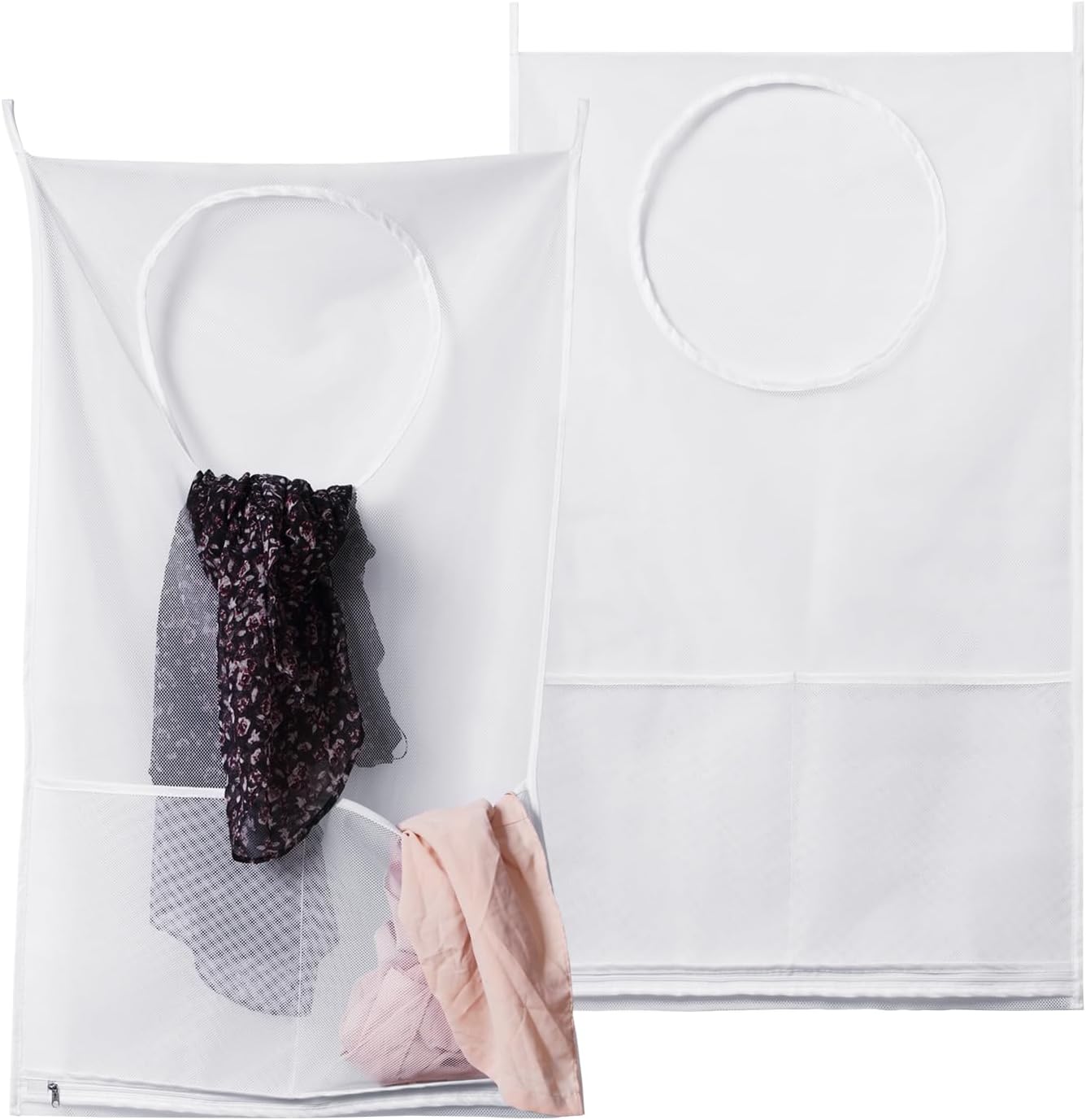 Saves Space Door-Hanging Laundry Bag,Door Hanging Laundry Hamper with 2 Different Types of Hooks, Polyester Fabric Hanging Laundry Basket for Clothes Size 22"X37" -2 Pack White