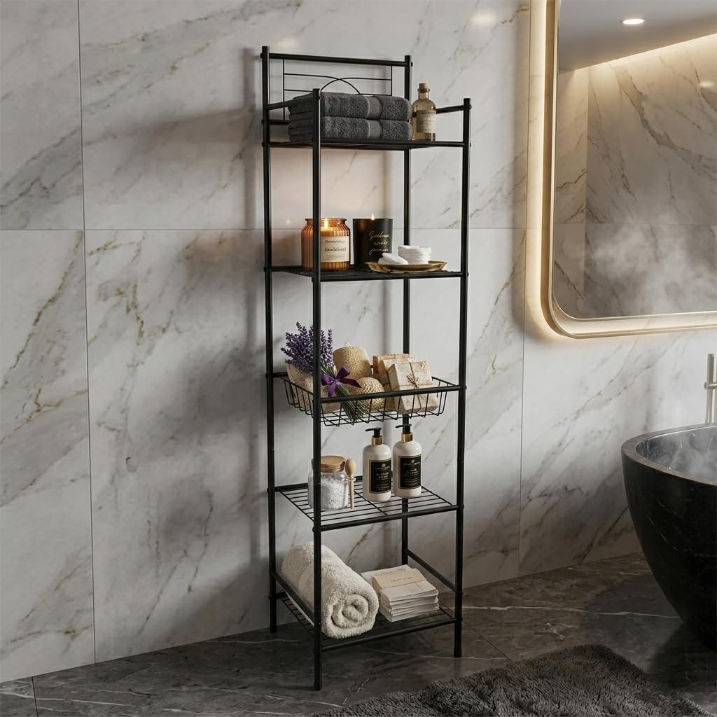 Bath Bliss 5 Tier Freestanding Bathroom Storage Shelf, Black Metal Organizer Rack | Rust Resistant