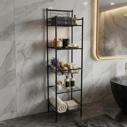 Bath Bliss 5 Tier Freestanding Bathroom Storage Shelf, Black Metal Organizer Rack | Rust Resistant