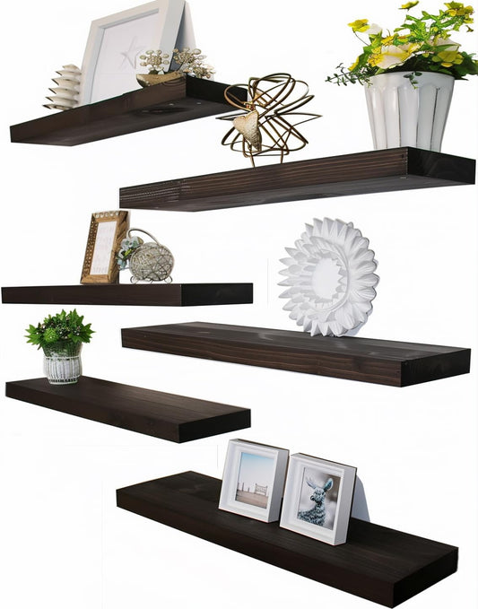 Brown Wood Floating Shelves for Wall Rustic Wall Shelves for Bedroom Set of 6