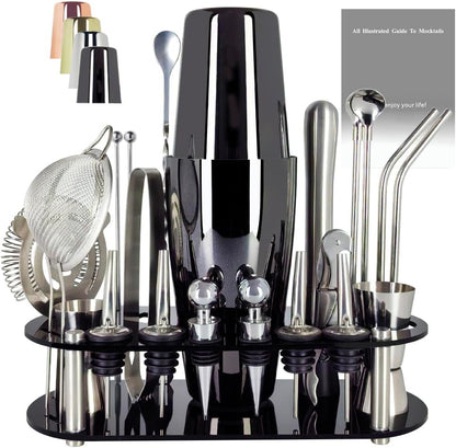 22-Piece Cocktail Shaker Set, 25/20oz Bartender Kit, Bartending Stainless Steel Bar Tools Sets for Drink Mixing, Boston Cocktail Shakers with Stand Recipes Booklet (Black-25-20oz)