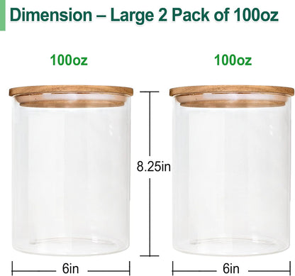 Urban Green Glass Jars with Airtight Lids, Airtight Glass Canisters set, Large Food Storage Containers with Wood Lids, 2 Pack of 100oz， Dry Food Pantry Jars, Flour Containers