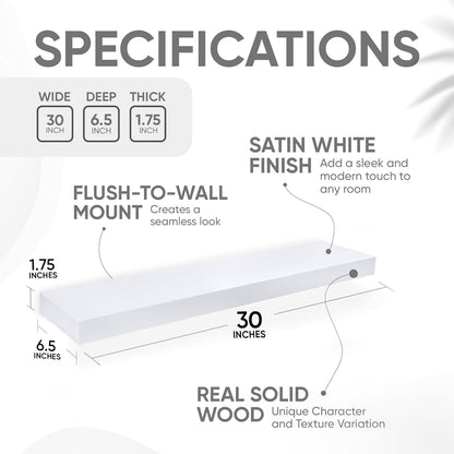 Homeforia White Floating Shelves 30 inch, High End Solid Real Wood 30inch Floating Shelf for Wall Mounted, White Wooden 30in Long Floating Shelves, Heavy Duty Bracket, 30 X 6.5 X 1.75 inches, Set of 2