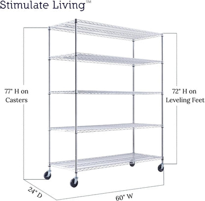 60"x24"x72" PRIME HEAVY DUTY Chrome 5-Tier Wire Shelving NSF 3000 LBS MAX Capacity Storage Rack for Commercial, School, Home, Garage, Warehouse, Industrial, and Hospital Uses (with Wheels)