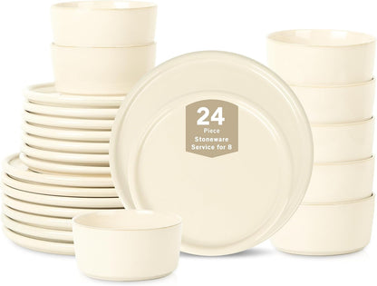 Stone Lain Eden 24-Piece Dinnerware Set Stoneware, Plates and Bowls Set, Dishwasher and Microwave Safe Dish, Dish Set for 8, Beige