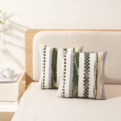 Boho Throw Pillow Covers 18x18 Set of 2 Christmas Decorative Cushion Case Striped Square Pillows Cover Chenille Pillow Cases Accent Neutral Pillowcase for Sofa Couch Bed,Dark Green