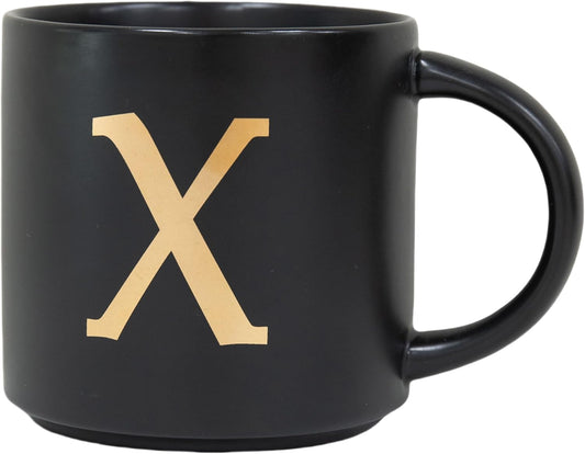 COLLECTIVE HOME - Monogram Ceramic Mugs, 15 oz Golden Initial Black Coffee Cups, Elegant Alphabet Tea Mugs, Elegant Personalized Mug with Gift Box, Unique Mug with Double Side Capital Lette (X)