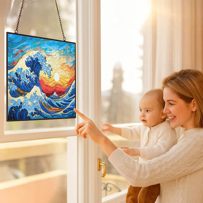 Rectangle Ocean Wave Stained Glass Suncatcher 4 Season Colorful Window Wall Ornament Hand-Painted Glass Panel Decor Gift for Women Christmas Thanksgiving Gift 15"x11"
