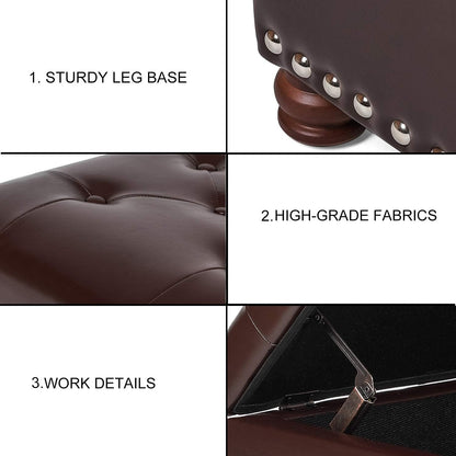 Leather Storage Ottoman Bench Foot Rest Stool with Nailhead Trim (Dark Brown - Button Tufted Leather)