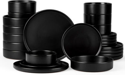 Onader 24 Piece Stoneware Dinnerware Sets with Pasta Bowls, Kitchen Dinner Dishes Set for 6, Plates and Bowls Dishware Dining Ware - Ebony Black