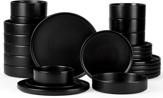 Onader 24 Piece Stoneware Dinnerware Sets with Pasta Bowls, Kitchen Dinner Dishes Set for 6, Plates and Bowls Dishware Dining Ware - Ebony Black