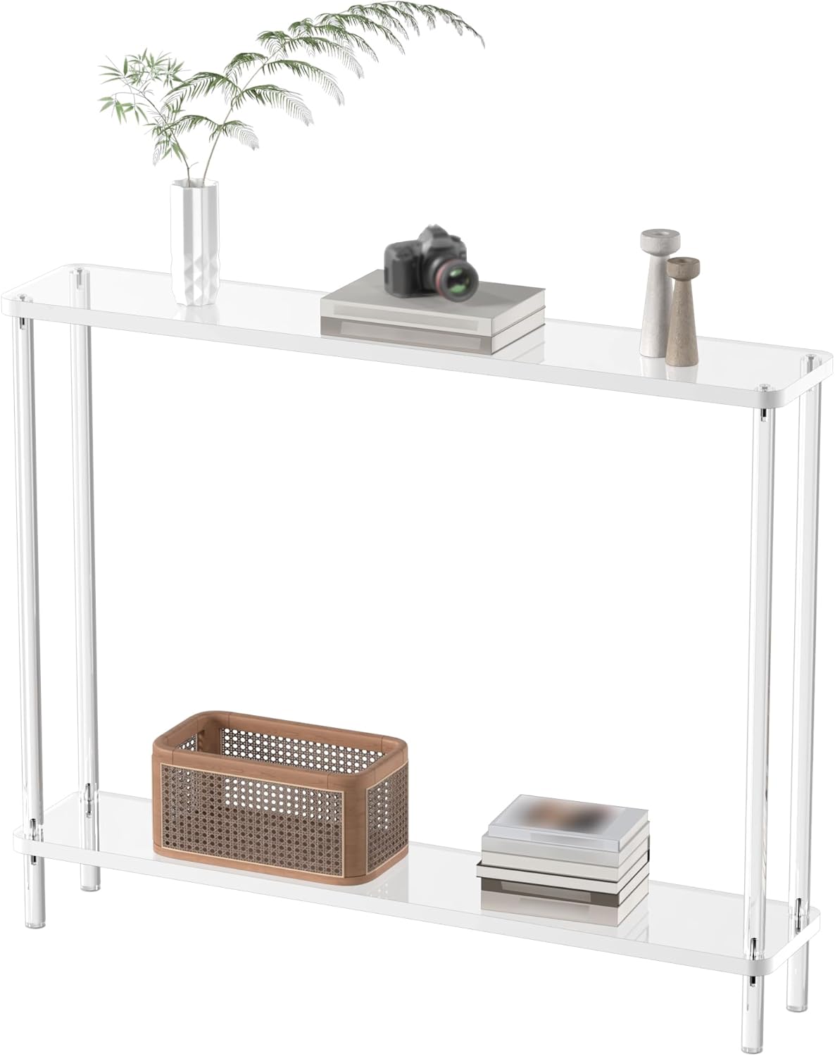 Acrylic Narrow Console Table for Entryway, 7.6" D x 39.4" W x 31.5" H, Cylindrical Legs, Skinny Entry Table for Sofa, Foyer, Hallway, Living Room, Modern, 2-Tier, Clear