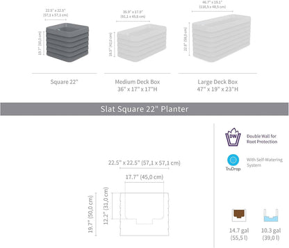 Crescent Garden TruDrop Self Watering Slat Square Box Planter - Indoor Outdoor Planter Box with Built-in Reservoir & Water Level Indicator, All Weather Flower Pot, 22'' (Slate Gray)