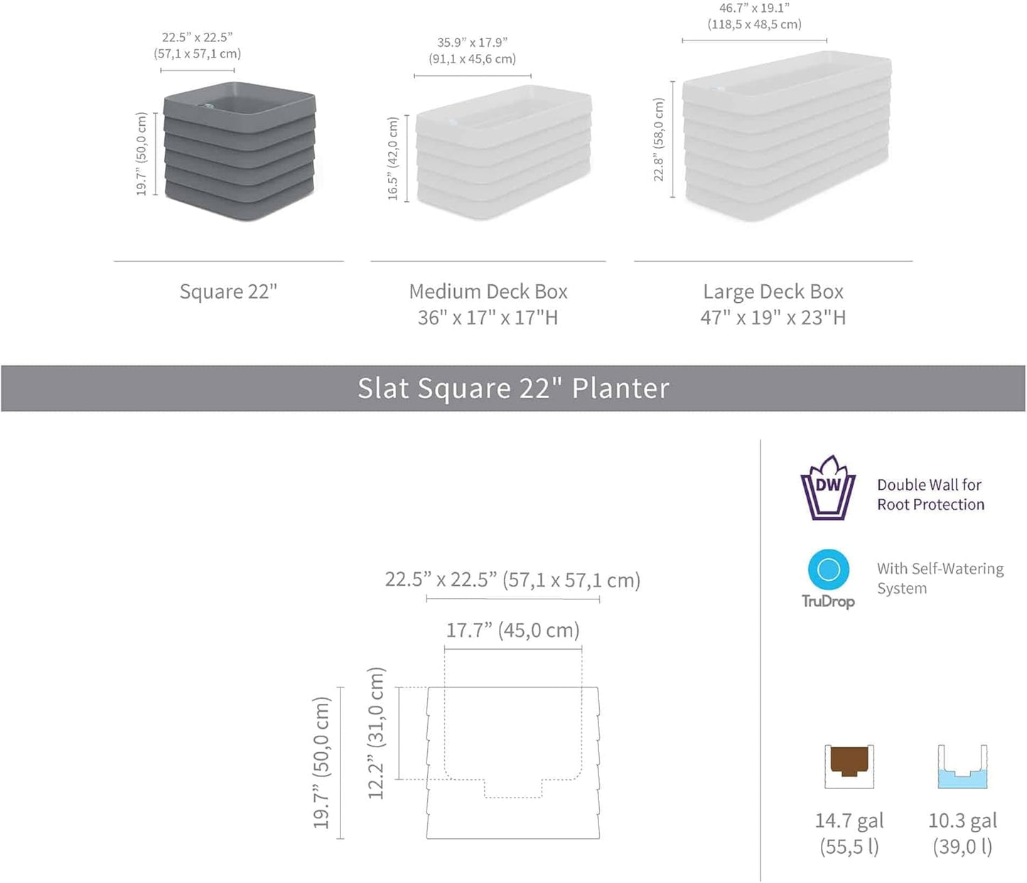 Crescent Garden Slat Medium Rectangular Planter Box for All-Weather - Self-Watering Outdoor Deck Box Planter for Flowers and Herbs (Parchment, 22")