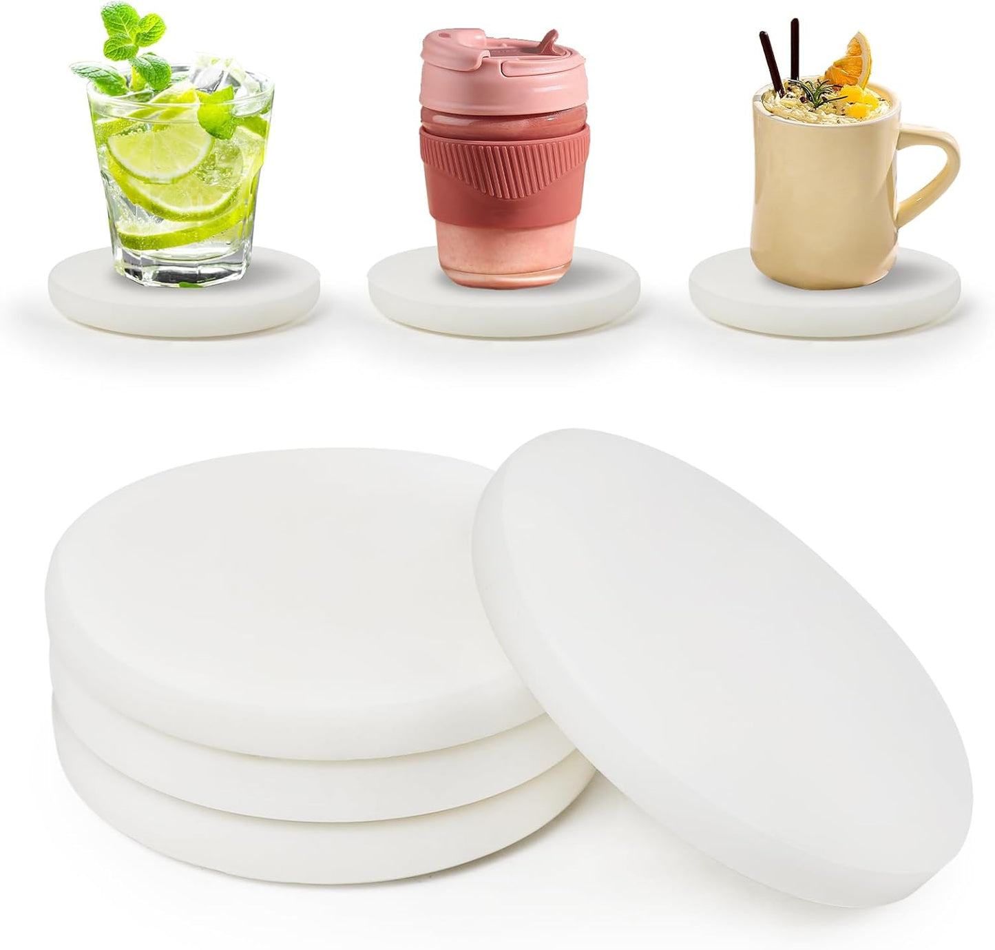 Pure White Marble Coasters Without Particles, Set of 4 - Natural Marble Stone Drink Coaster with Protective Silicone Feet, 4 inch Diameter, 0.4 inch Thick - Heat-Resistant Coasters for Coffee Table