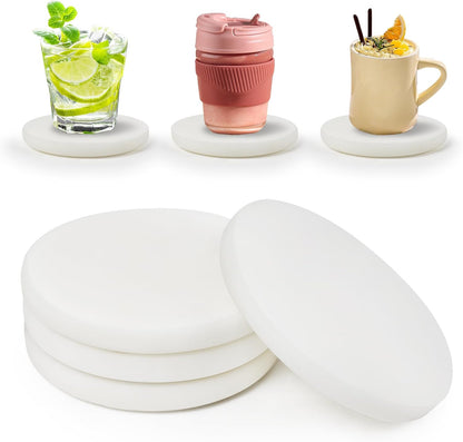 Pure White Marble Coasters Without Particles, Set of 4 - Natural Marble Stone Drink Coaster with Protective Silicone Feet, 4 inch Diameter, 0.4 inch Thick - Heat-Resistant Coasters for Coffee Table