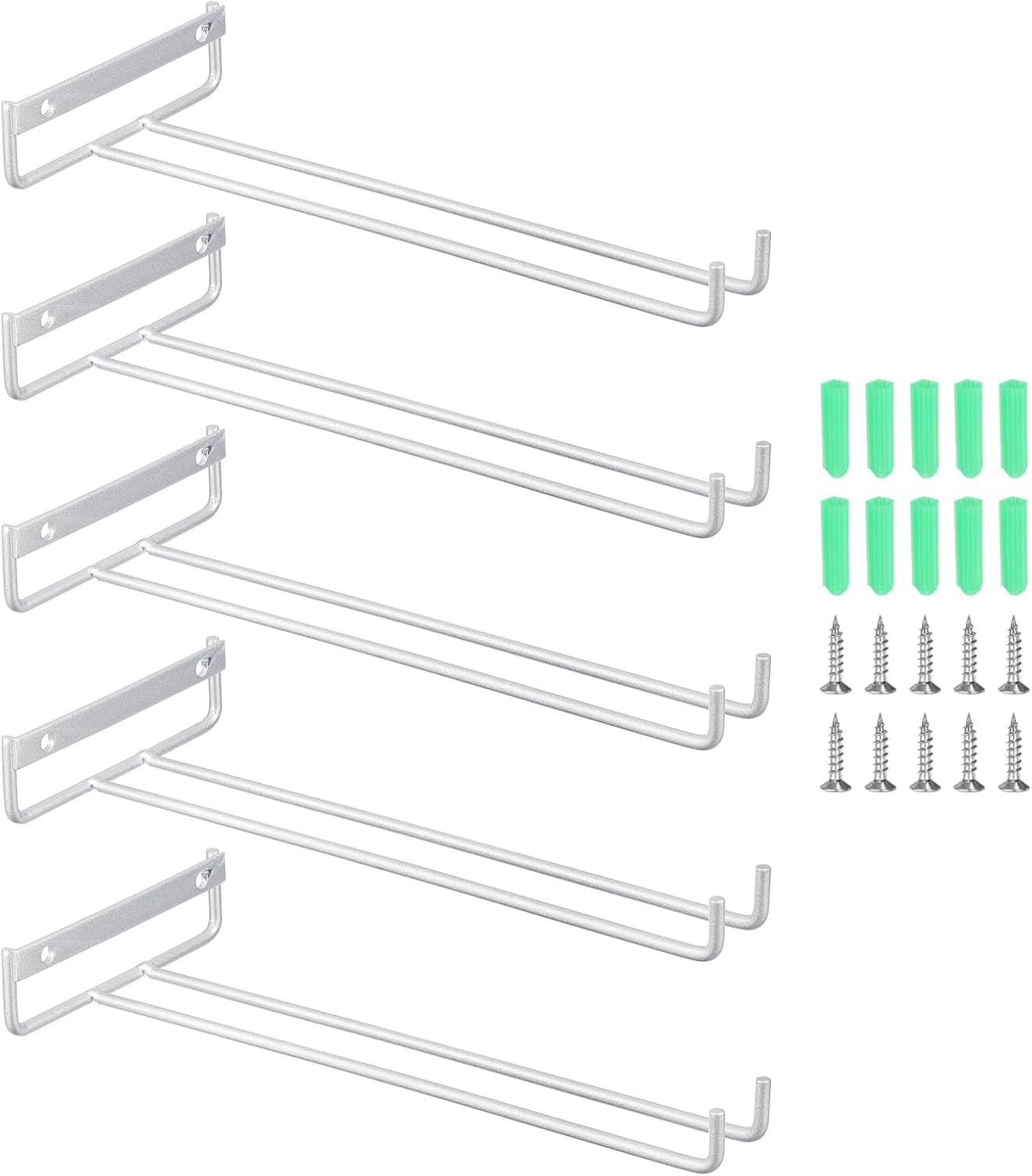 uxcell 5Pcs Wine Glass Rack, 10.43 Inch Iron Wine Glasses Rack Under Cabinet Stemware Rack - Wall Mountable Wine Glass Holder Storage Hanger for Bars Coffee Restaurants Kitchens, Silver