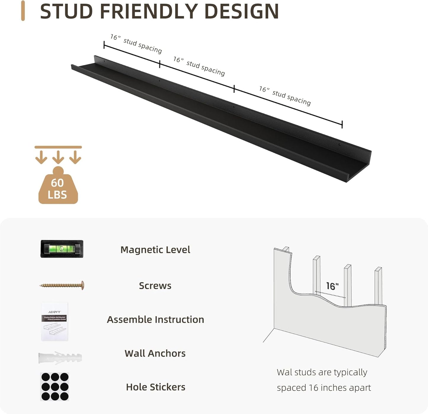 Picture Ledge Shelf, Wood Long Floating Shelves for Wall, Set of 2, 56 inch Picture Ledge Shelves, Photo Ledge Nursery Book Shelves Wall Mounted for Living Room Kids' Room Bedroom, Color Black