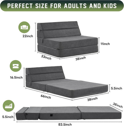 jela Foldable Sofa Bed Soft Foam Convertible Sleeper Chair Luxury Miss Fabric Fold Out Chair Bed Floor Couch with Back Support Floor Sofa for Living Room Bedroom (Twin,Dark Gray)