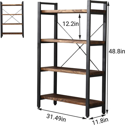 Solid Wood Bookshelf, 4-Tier Rustic Vintage Industrial Etagere Bookcase, Open Metal & Wood Vintage Book Shelf, Retro Brown