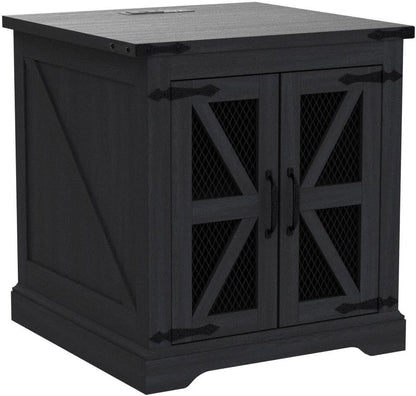 JXQTLINGMU Farmhouse End Table, 24" Large Sofa Side Table with Charging Station, Mesh Barn Door, and Adjustable Storage Shelf, Rustic Wood Square Nightstand for Living Room, Bedroom, Office, Black