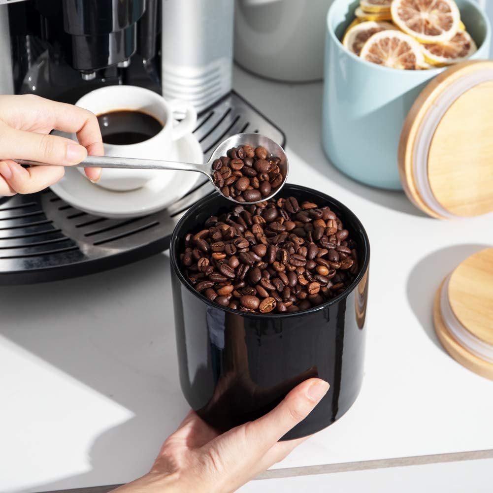 Sweejar Kitchen Canisters Ceramic Food Storage Jar Set, Stackable Containers with Airtight Seal Wooden Lid for Serving Ground Coffee, Tea, Herbs, Grains, Sugar, Salt - Set of 4 (Black)