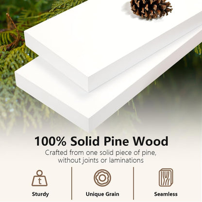 Habudda Floating Shelves for Wall, Display Shelf for Bathroom Bedroom Kitchen, Rustic Decor Pine Solid Wood Bookshelf, 30 Inch Long, Set of 2, White