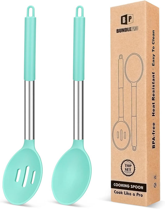 Pack of 2 Large Silicone Cooking Spoons,Non Stick Solid Basting Spoon,Heat-Resistant Kitchen