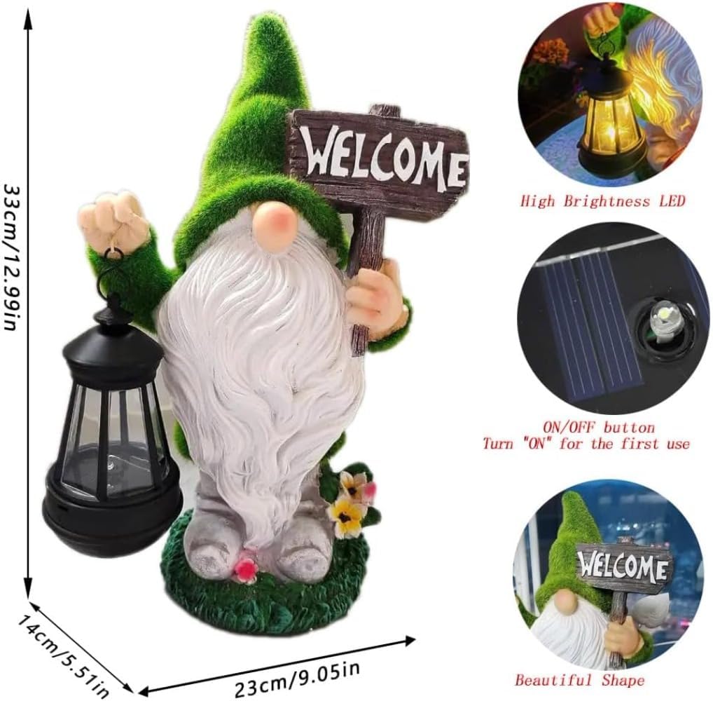 Solar Gnome Outdoor Garden Fall with Solar Lantern - 11’’Halloween Autumn Welcome Gnomes Decorations for Yard Patio (Green & White)
