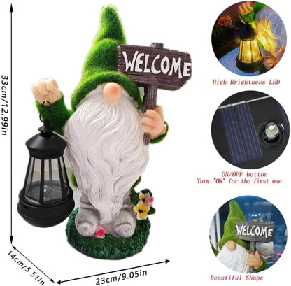 Solar Gnome Outdoor Garden Fall with Solar Lantern - 11’’Halloween Autumn Welcome Gnomes Decorations for Yard Patio (Green & White)