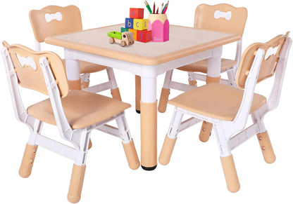 FUNLIO Kids Table and 4 Chairs Set, Height Adjustable Toddler Table and Chair Set for Ages 3-8, Easy to Wipe Arts & Crafts Table, for Classrooms/Daycares/Homes, CPC & CE Approved（5-Piece Set）